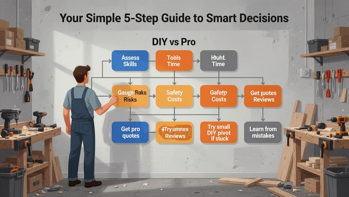 Modern illustration of a simple 5-step decision flowchart for DIY versus hiring a professional, with one person standing by the chart on a wall in a home workshop. Features clean shapes, strong composition, and a warm palette of grays, blues, and oranges.