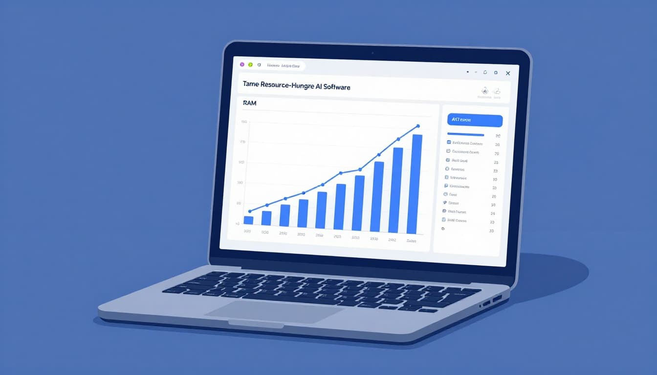 Modern illustration in blue-gray palette showing a laptop on a desk running an AI app with performance overlay graph spiking high RAM usage. Clean shapes, strong composition, no people, no readable text, no watermarks.