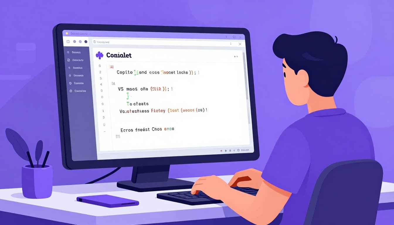 Modern illustration of a developer at a desk using an AI tool like Copilot in VS Code to suggest a fix for a code error via chat interface with code snippet.