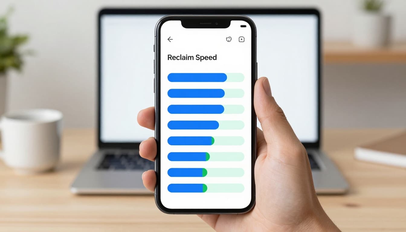 Modern illustration of a smartphone screen showing battery usage graph with bars for apps in background activity, device held in one hand on a wooden desk next to a coffee mug, in clean blue and green tones.