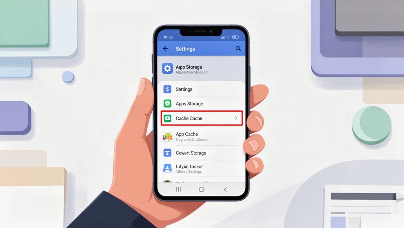 Modern illustration of a hand holding an Android phone with the screen showing Settings Apps Storage menu and highlighted clear cache button, set against a clean workspace background with soft lighting and strong composition.