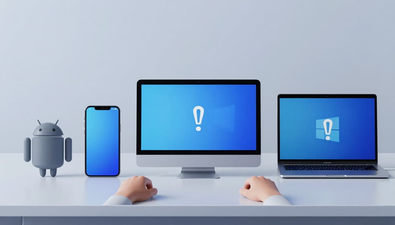 Four devices side by side on a neutral desk: Android smartphone, iOS iPhone, Windows laptop, and macOS MacBook, each with subtle crash exclamation icons overlay in a modern illustration style using clean shapes and muted blue-gray palette.