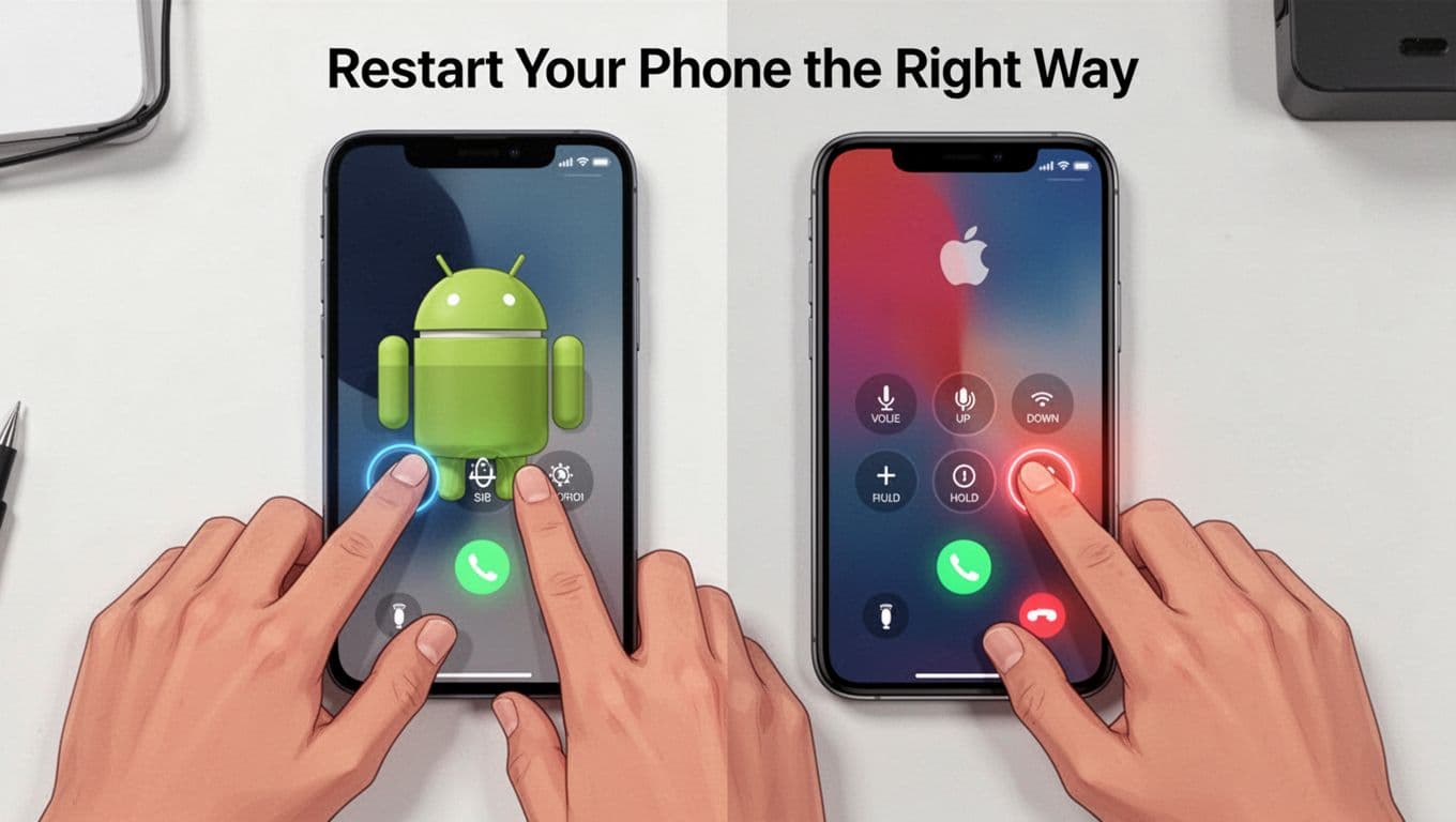 Side-by-side modern illustration of an Android phone and iPhone on a clean desk with hands pressing Volume Down plus Side button on Android and Volume Up then Down then hold Side on iPhone, highlighting button presses with subtle glows.
