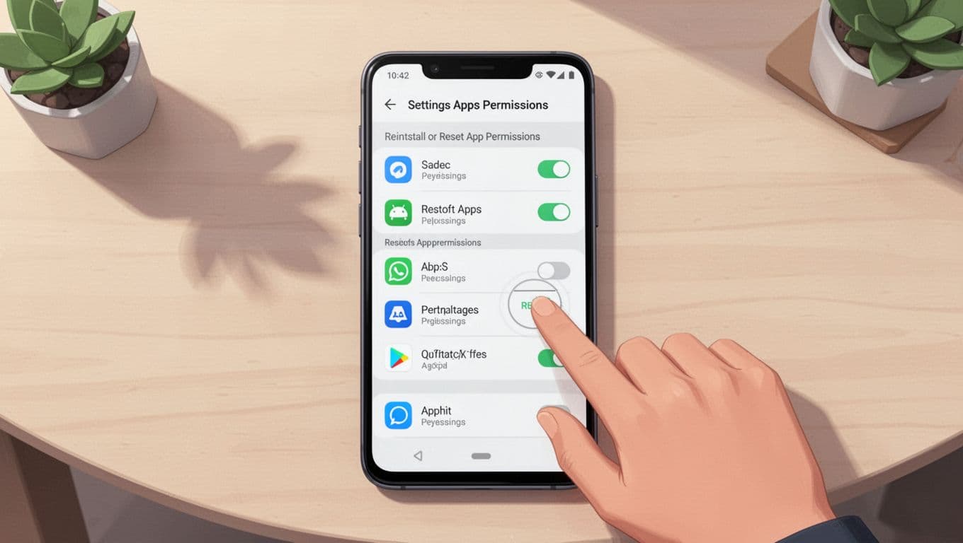 Modern illustration of an Android phone screen in the Settings Apps Permissions reset area, featuring subtle app icons with permission toggles and a hand tapping the reset button on a desk setting with clean shapes and controlled colors.