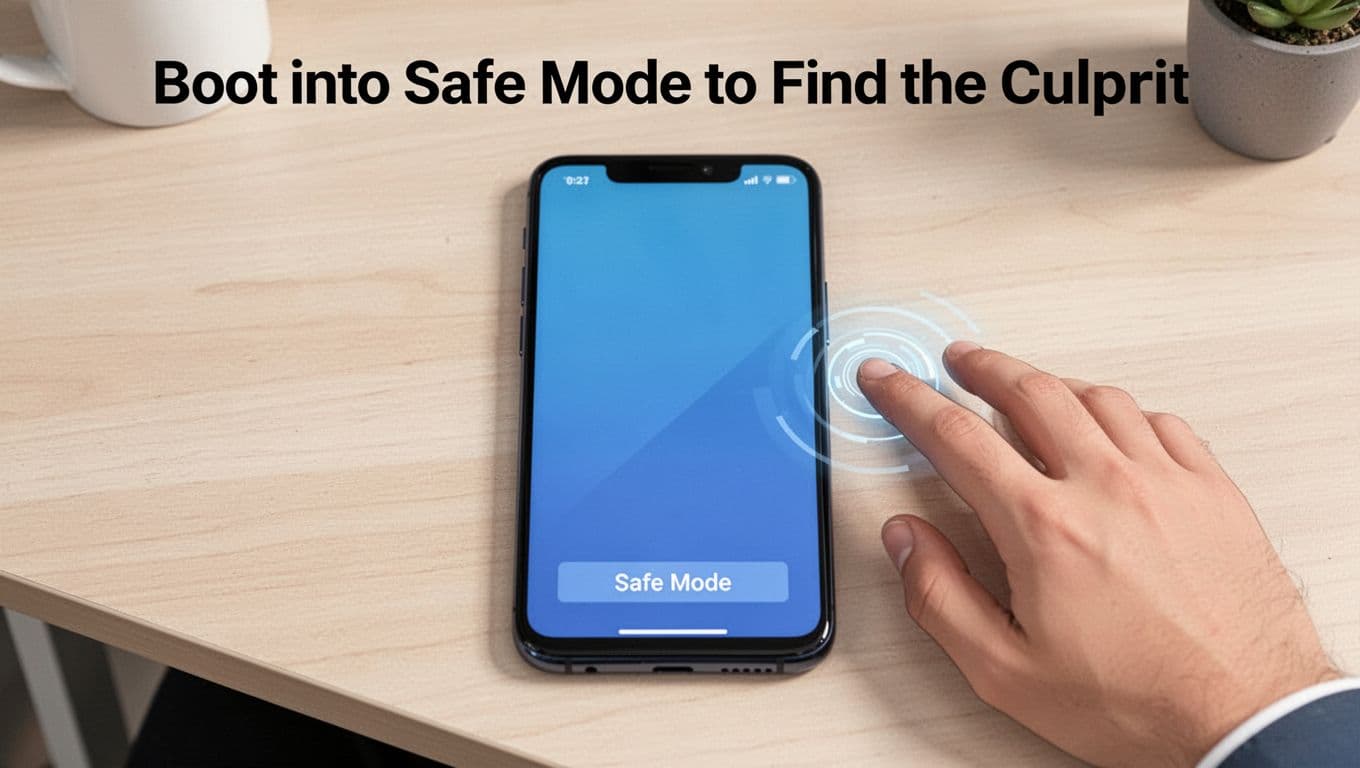 Modern illustration of an Android smartphone on a desk with Safe Mode indicator at the bottom of the screen and a subtle hand gesture for holding the restart button. Clean shapes, controlled colors, strong composition, soft natural lighting, exactly one phone, no extra devices, text, logos, or watermarks.