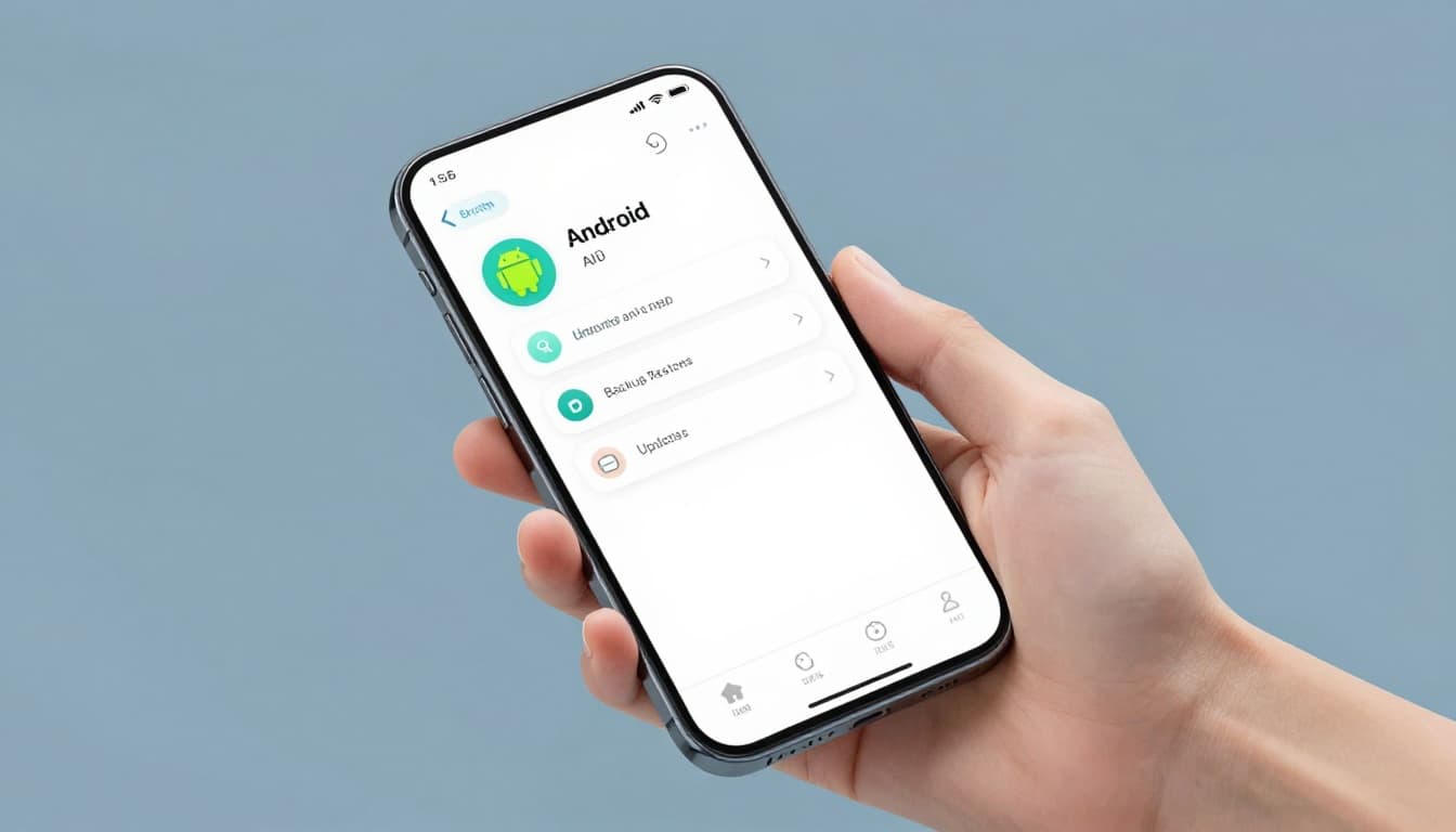 Modern illustration of a smartphone held relaxed in one hand on a table, displaying Android apps settings menu with blurred uninstall updates button, simple background, angled composition, clean shapes, blues grays teal palette, soft lighting, icons only no text or logos.