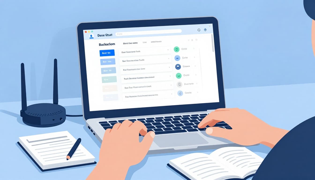 Top-down view of a person at a desk taking a blurred screenshot of router admin settings on a laptop, with a notebook nearby.
