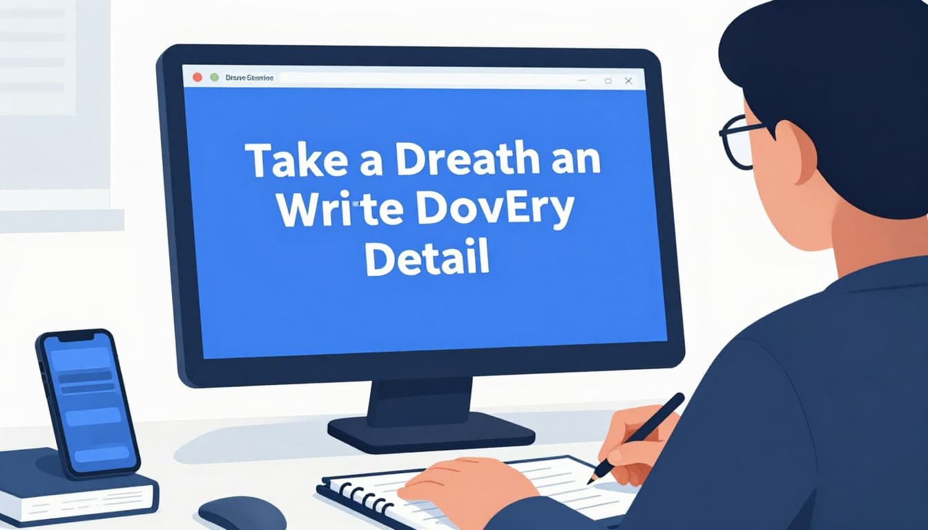 Illustration of a single person at a desk calmly taking notes on a notepad and phone screenshot while facing a frozen computer screen with a blue error message, in modern style with clean shapes, blue-gray palette, and soft lighting.