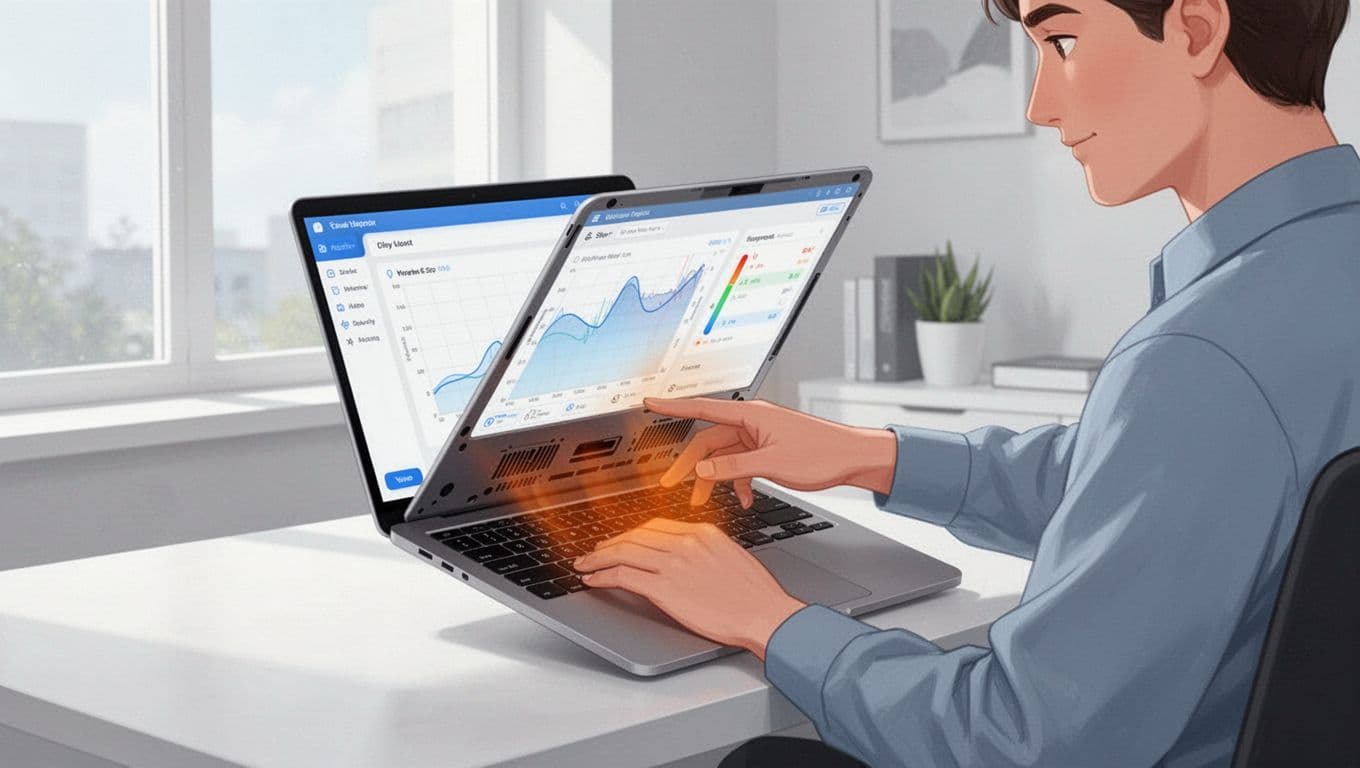 Modern illustration of one person in a bright home office lifting a laptop to check bottom vents for heat, with a diagnostic app showing temperature graph on screen.