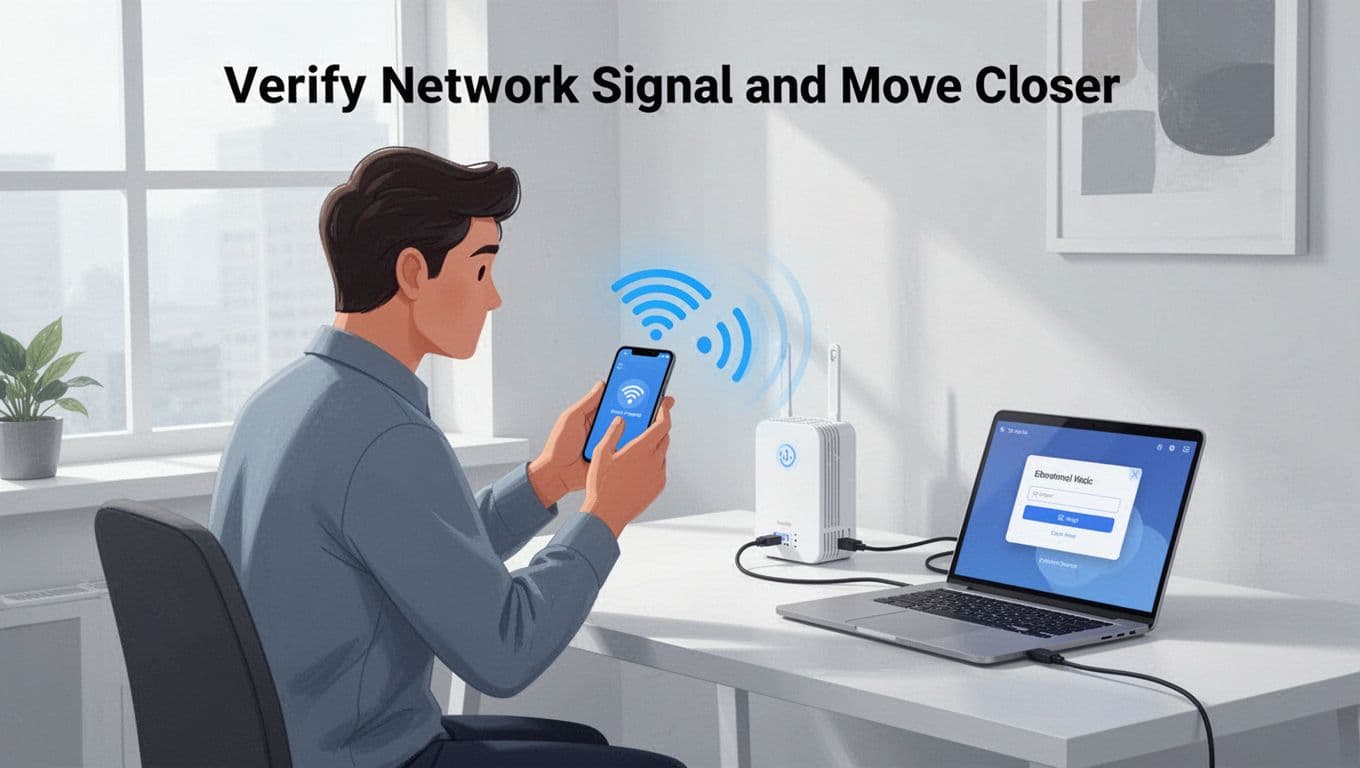 Modern illustration of one person in a bright home office holding a smartphone to check Wi-Fi signal bars while moving closer to the router, with a nearby laptop showing an Ethernet cable option, in soft blues, grays, and whites.