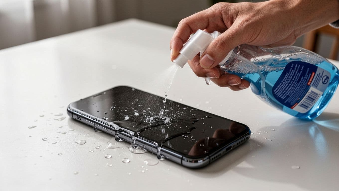 Close-up realistic photo of a hand mistakenly spraying liquid from a household cleaner bottle directly onto a smartphone screen on a clean table, with droplets running down the screen and edges under natural indoor lighting.