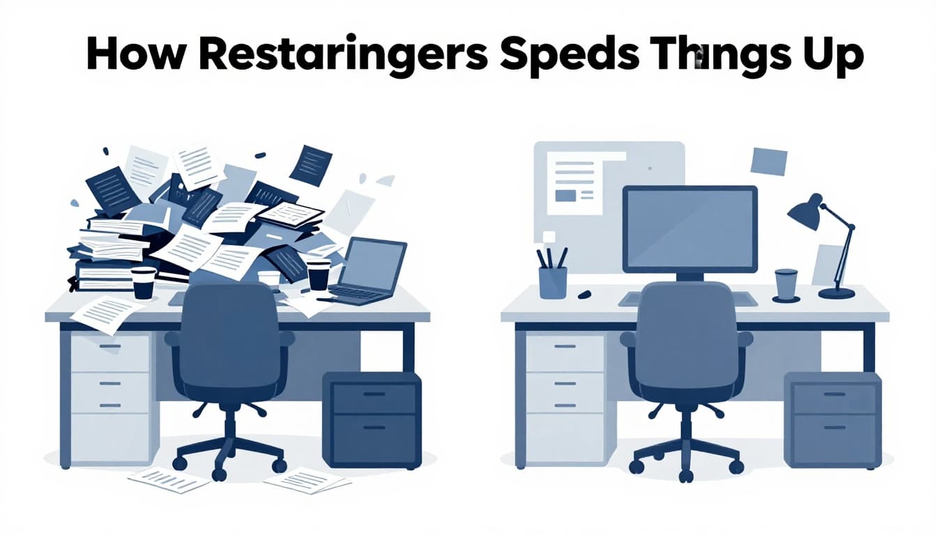 Modern illustration in blues and grays showing side-by-side: left cluttered desk with papers and coffee cups symbolizing RAM buildup, right clean organized desk after restart.