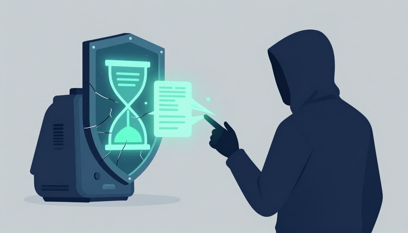 A cracked digital shield leaks glowing data files toward a distant hacker silhouette, accompanied by a sluggish hourglass on an outdated device, illustrating the risks of skipping software updates.