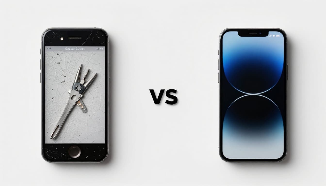 Split scene comparison with an old cracked phone and repair tools on the left, and a shiny new unopened smartphone box on the right, on a neutral background.