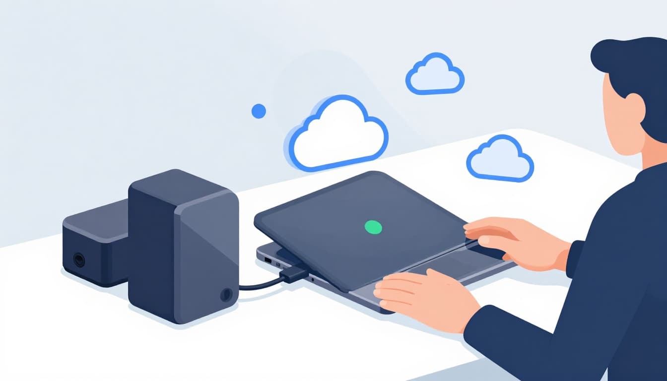 Person in clean office backing up laptop data to external hard drive, cloud icons in background, modern illustration in blues grays greens.