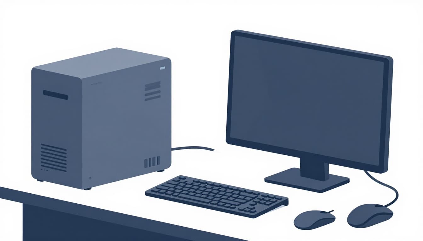 Modern illustration of a desktop computer powering off and restarting, with unplugged peripherals like mouse, keyboard, and monitor nearby. Features clean shapes, blue-gray palette, side-angle composition, and soft lighting.