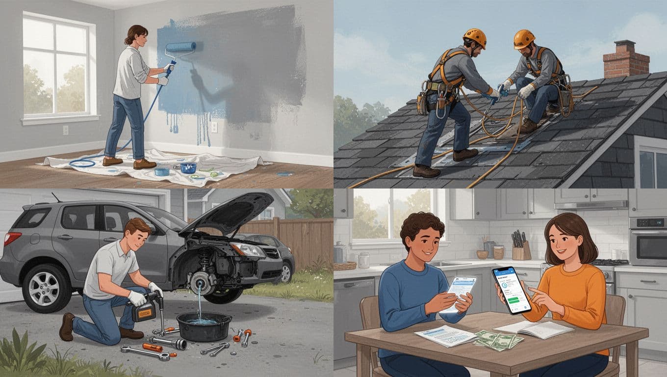Modern quadrant illustration in grays, blues, and oranges depicting four scenes: DIY wall painting, professional roofing, car oil change, and phone-based budgeting.
