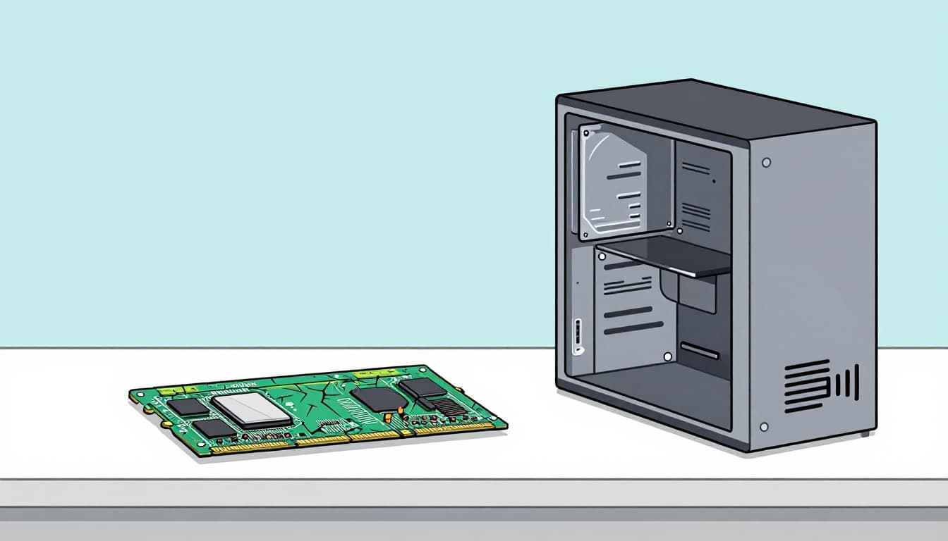 Illustration of a cracked RAM stick emitting sparks next to an open PC case on a workshop table, highlighting hardware failure.