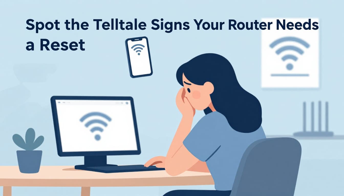 A frustrated individual in a home office living room faces Wi-Fi frustrations: buffering video on laptop, no signal on phone, weak Wi-Fi icon, with router visible in the background.