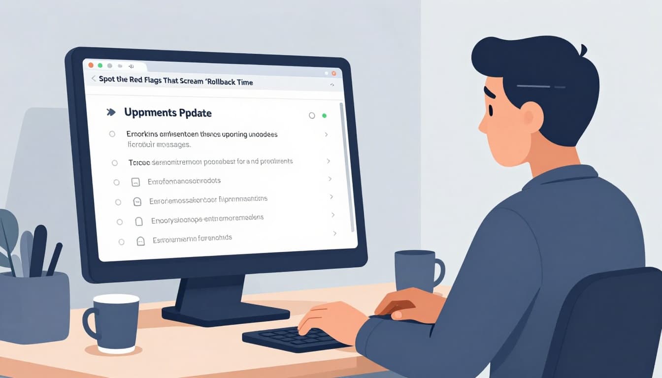 Side view of a frustrated person at a cluttered desk with coffee mug, computer screen showing error messages and slow loading icons, modern illustration in blues, grays, and oranges.