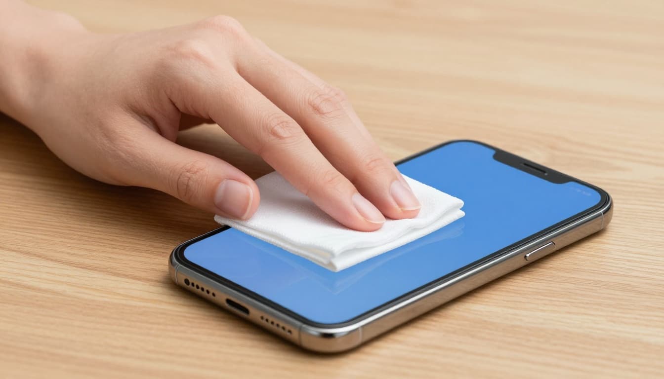 A person's hand with relaxed fingers gently wipes a smartphone touchscreen using a soft microfiber cloth on a clean wooden table, captured in a close-up modern illustration style with clean shapes and a soft color palette of blues, grays, and whites under even lighting.