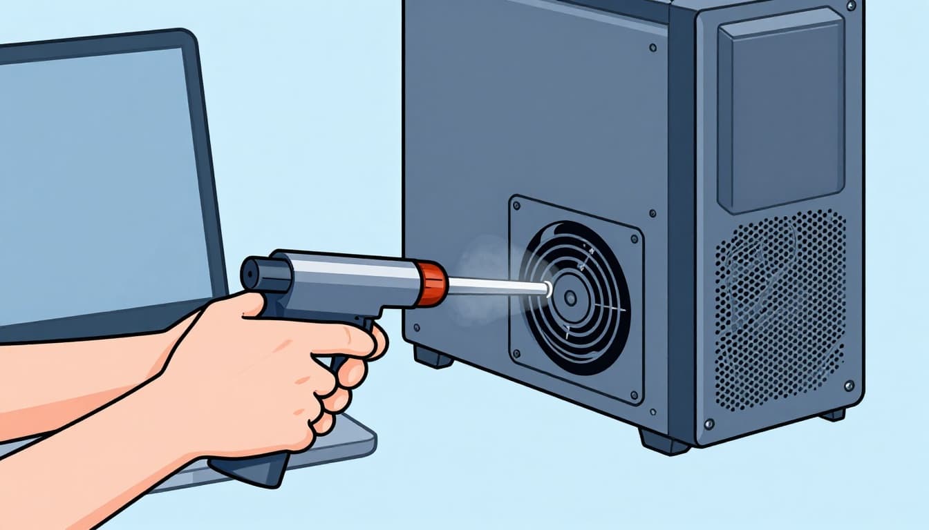 Modern illustration in clean shapes and blues grays showing a pair of hands using a compressed air can to remove dust from desktop PC vents and laptop fan in a simple workspace.