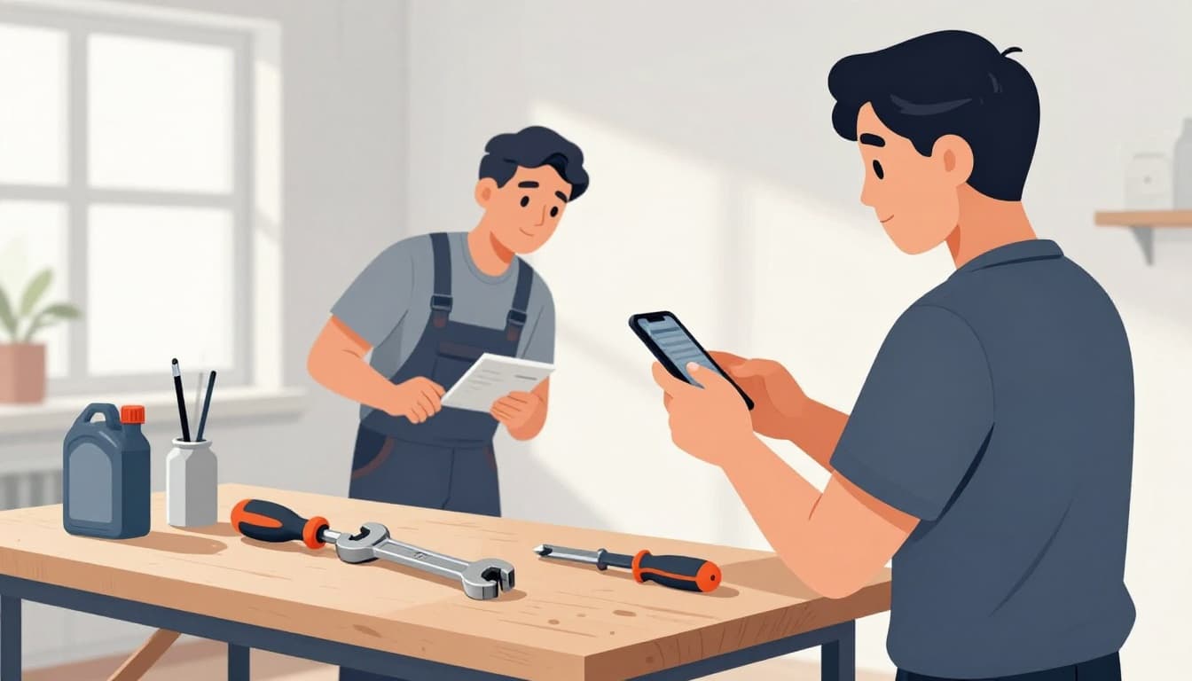 A person stands thoughtfully by a workbench in a home garage, checking a skills assessment checklist on their phone amid basic tools like a wrench, screwdriver, and oil can. Modern illustration in clean shapes with a warm palette of grays, blues, and oranges.