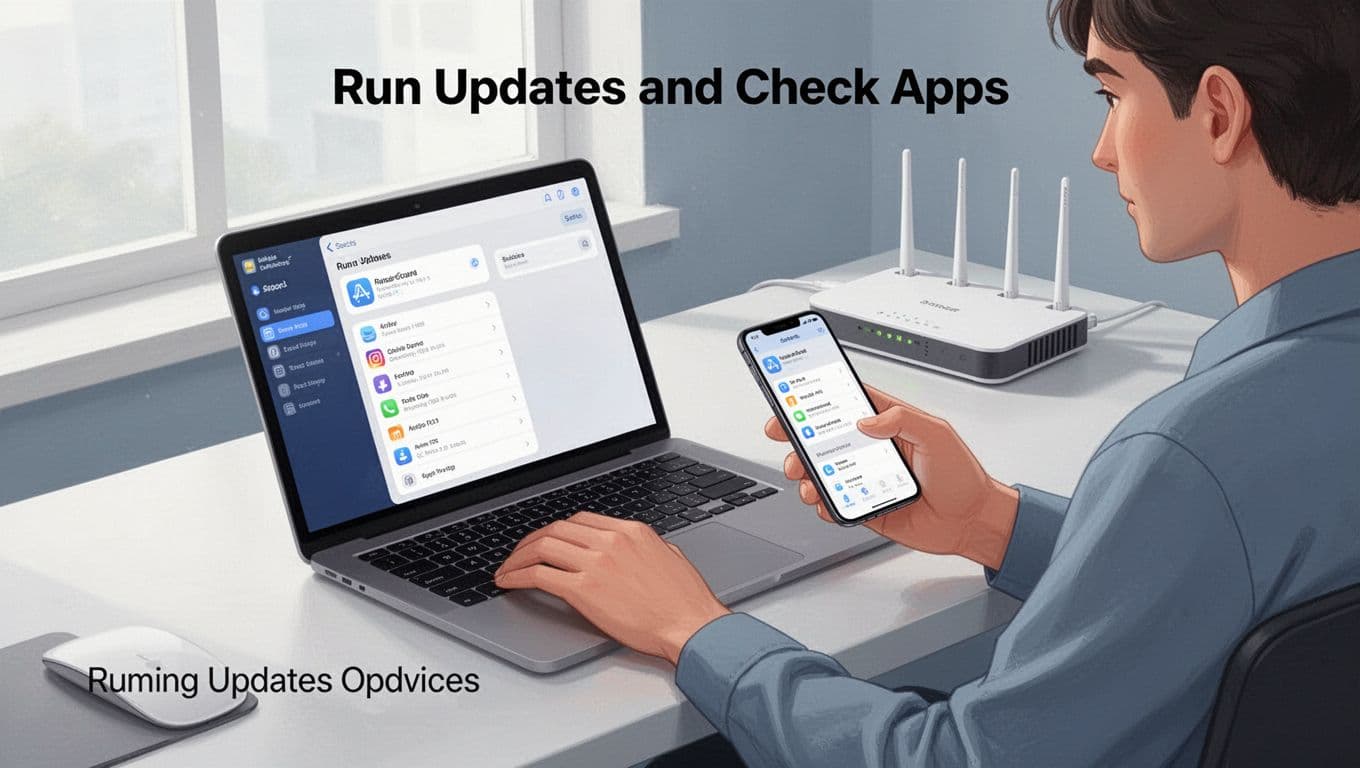 Modern illustration of one person at a desk in a home office updating software on a laptop and phone, with router in background and app store screens visible at an angle. Relaxed scene with natural daylight, soft blues, grays, whites, and clean minimalist design.