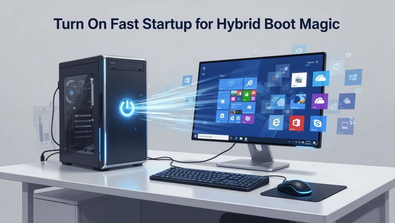 Modern illustration of a desktop PC on an office desk rapidly powering on with hybrid fast startup, featuring a glowing power button, motion blur lines to a quick-loading boot screen, and instantly appearing desktop icons in blues and whites.