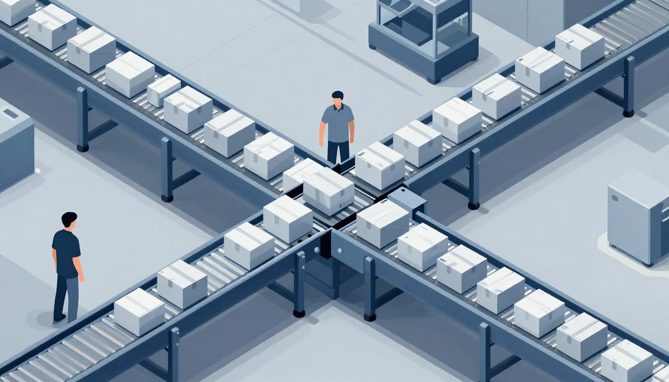 Split-scene modern illustration of a jammed factory conveyor belt with piling boxes on one side and a smoothly running empty belt on the other, symbolizing stuck processes being reset.