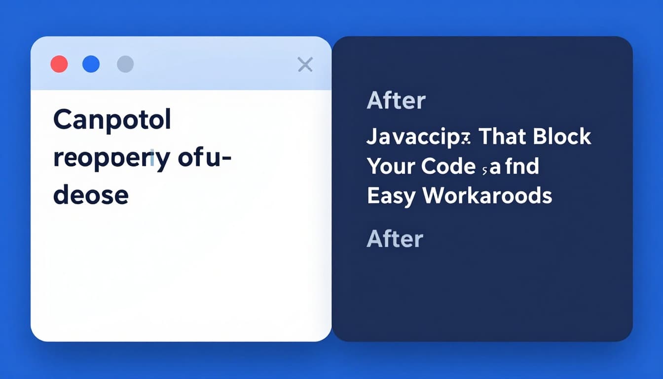 Split-screen modern illustration showing JavaScript console TypeError 'Cannot read property of undefined' on the left and the fixed code on the right, in browser dev tools style with clean shapes, blue-gray-red colors, and strong composition.