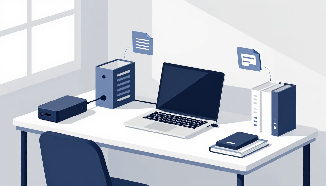 Modern illustration of a clean organized computer desk with a laptop connected to an external hard drive, showing files transferring to symbolize spacious storage.