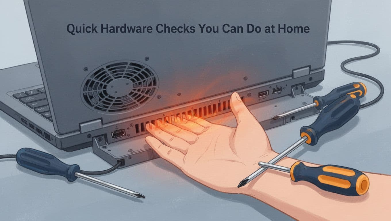 Modern illustration of a hand feeling heat from a laptop's bottom vent while listening to fan noise, with a screwdriver nearby, in a clean blue-gray palette and close-up composition.