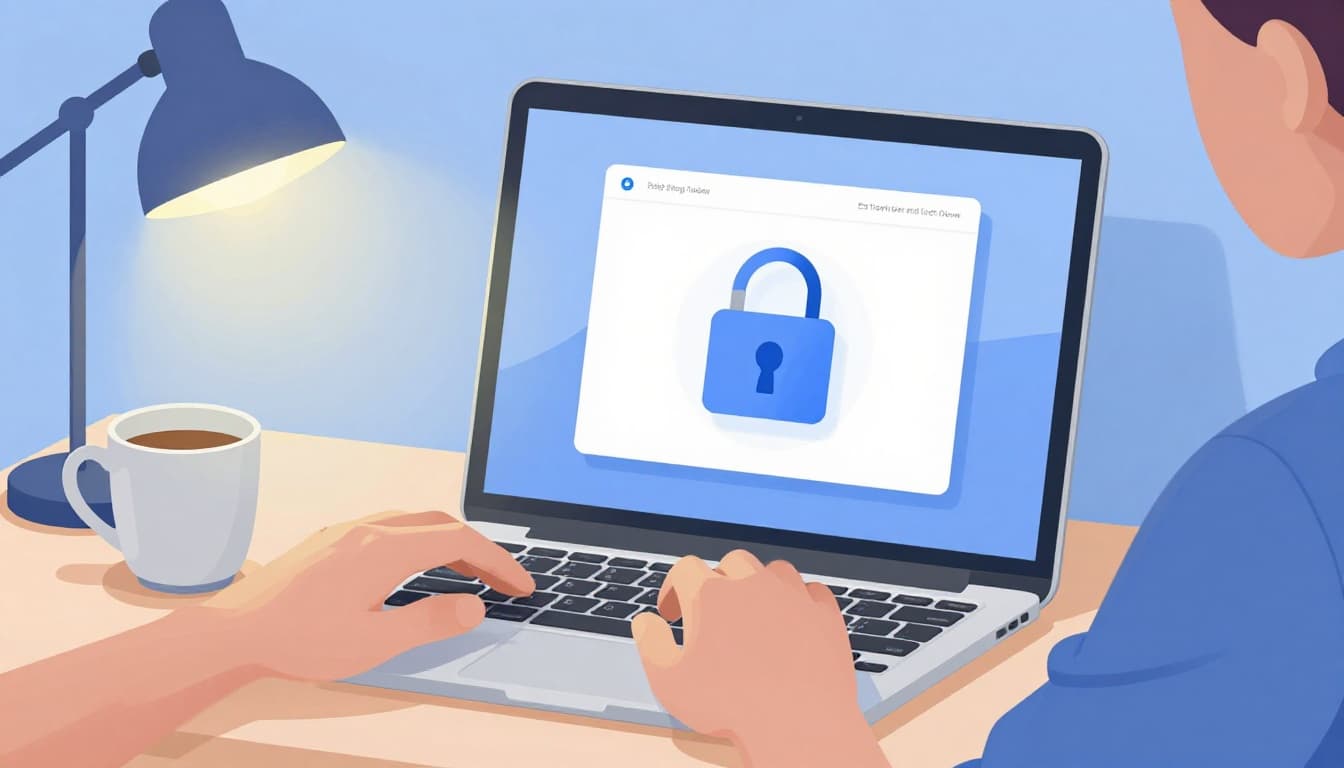 Modern illustration of a person relaxedly typing a strong password into a router setup screen on a laptop in a home office, featuring a blurred screen at an angle, secure lock icon, coffee mug, and warm lamp light on a soft blue background.