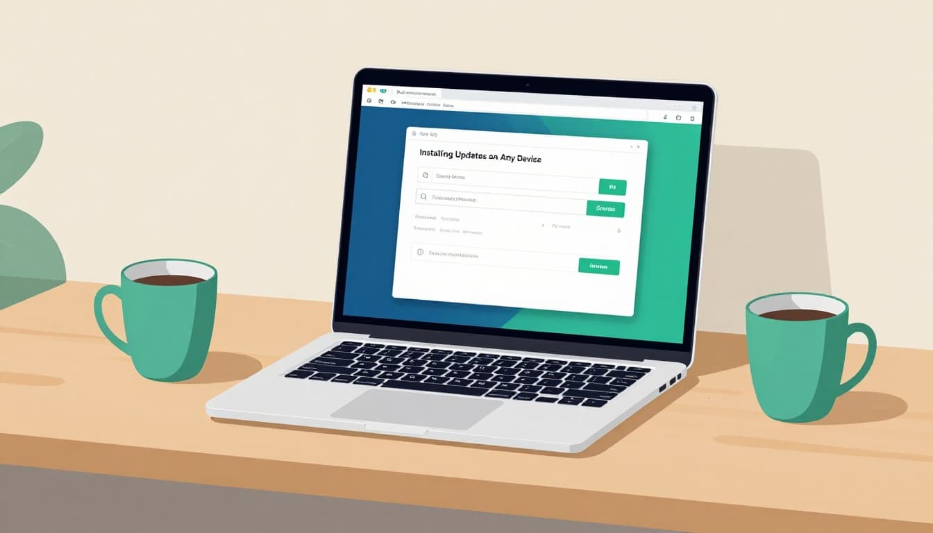 Modern illustration of a laptop on a wooden desk displaying an angled software update progress screen with Wi-Fi and battery indicators, coffee cup beside it, using clean shapes in blues and greens palette under natural lighting on neutral background.