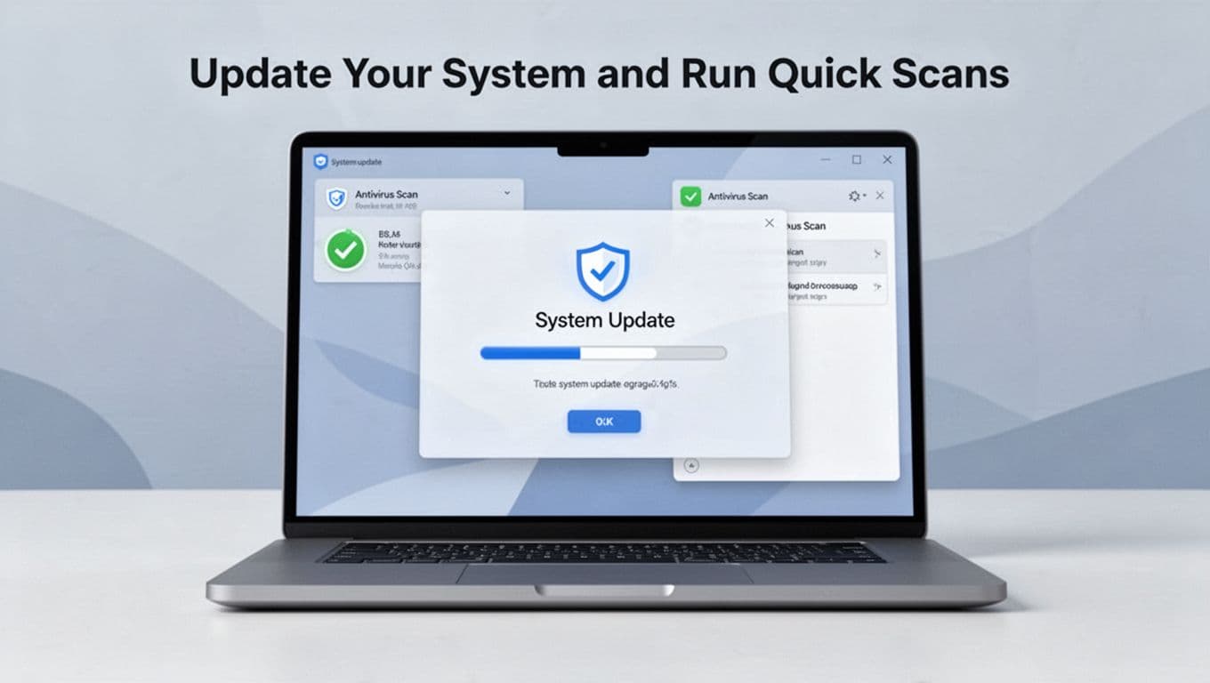 Laptop screen showing system update progress bar and antivirus scan running in background, modern illustration style with clean shapes, controlled blue-gray color palette, strong composition centered on screen, soft lighting.
