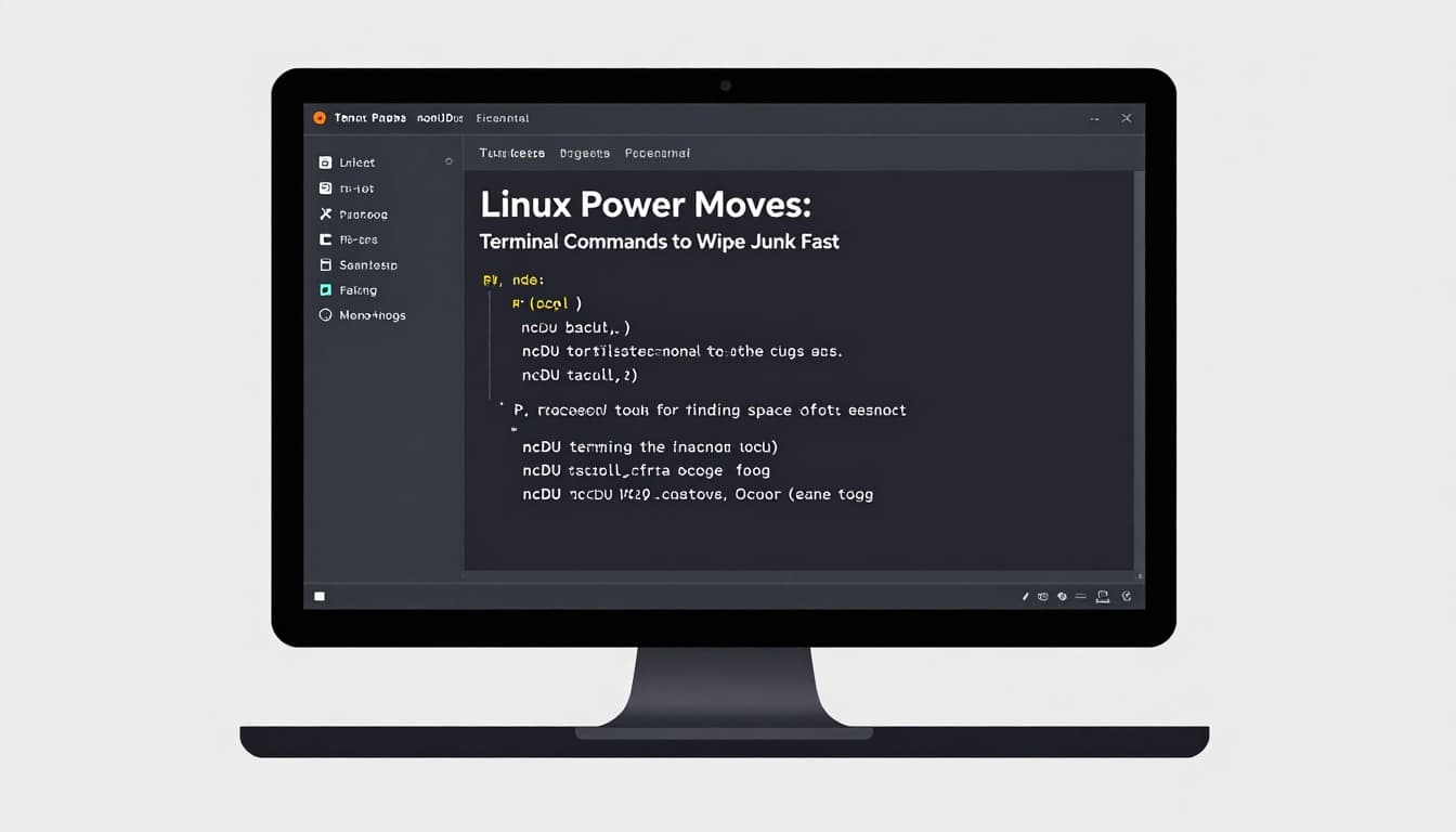 Modern illustration of a Linux desktop with a dark-themed terminal running ncdu, displaying directory sizes on a simple monitor.