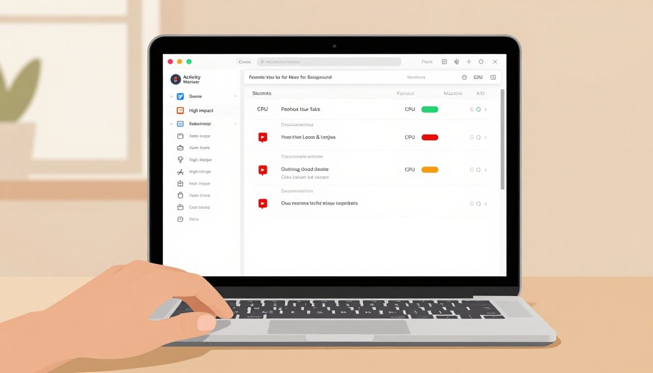 Modern illustration of a MacBook on a desk near a window, screen showing Activity Monitor CPU tab sorted by high-impact apps, one hand naturally on keyboard, clean shapes, earth tones, warm light.