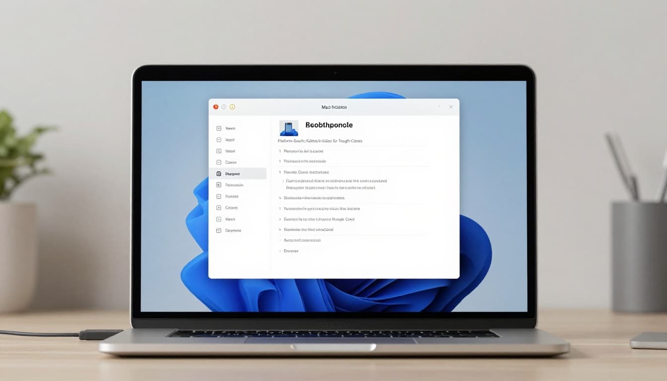 Overhead illustration of a MacBook on a desk connected to a bootable USB installer and external drive, implying macOS recovery screen, with Apple accessories, clean modern style with soft lighting and no text or people.