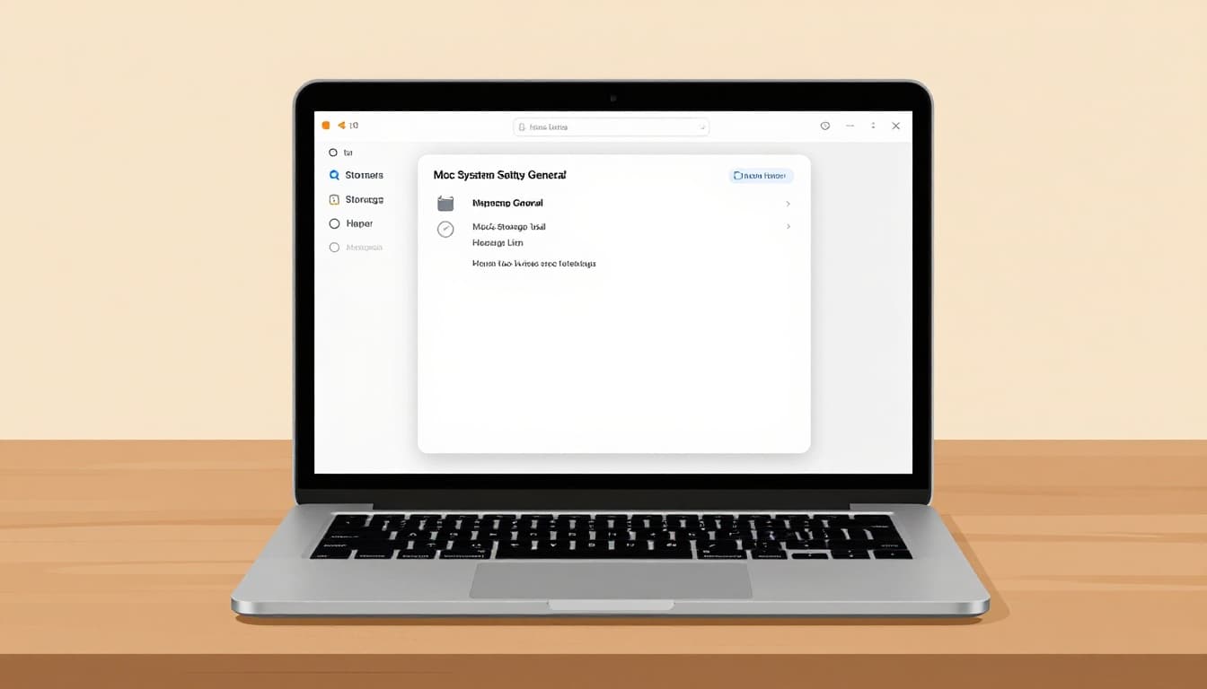 Modern illustration of an open MacBook on a wooden desk showing the System Settings General Storage recommendations page, with clean shapes, warm lighting, and strong composition. No readable text, people, Apple logos, or additional devices visible.