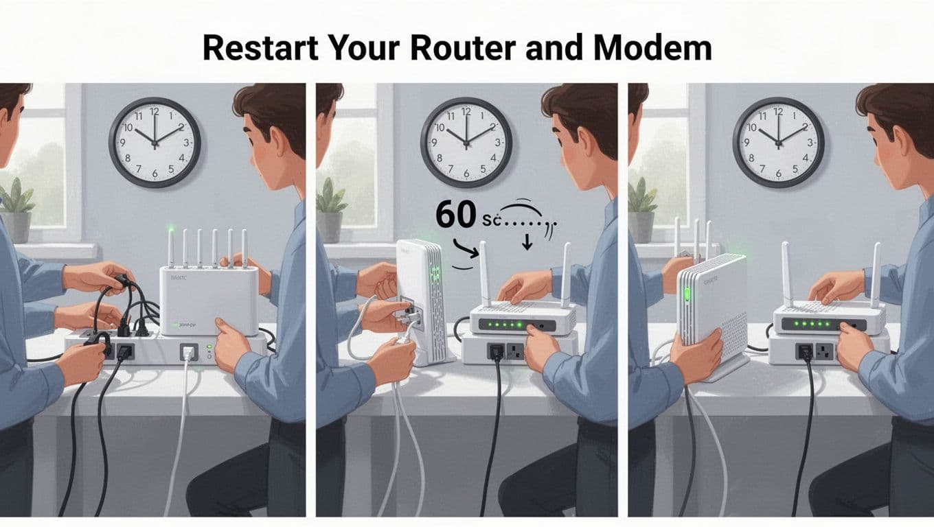 Three-panel illustration in a bright home office showing the correct power cycle: one person unplugging modem first then router from power strip, waiting 60 seconds with clock, then plugging modem back first followed by router, checking green status lights.