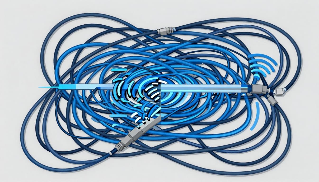 Modern illustration in blues and grays with a before-after split overhead view showing tangled network cables and glitching WiFi signals transforming into straight clean connections and strong signals after reset. No devices, people, text, or logos; content extends to all edges.