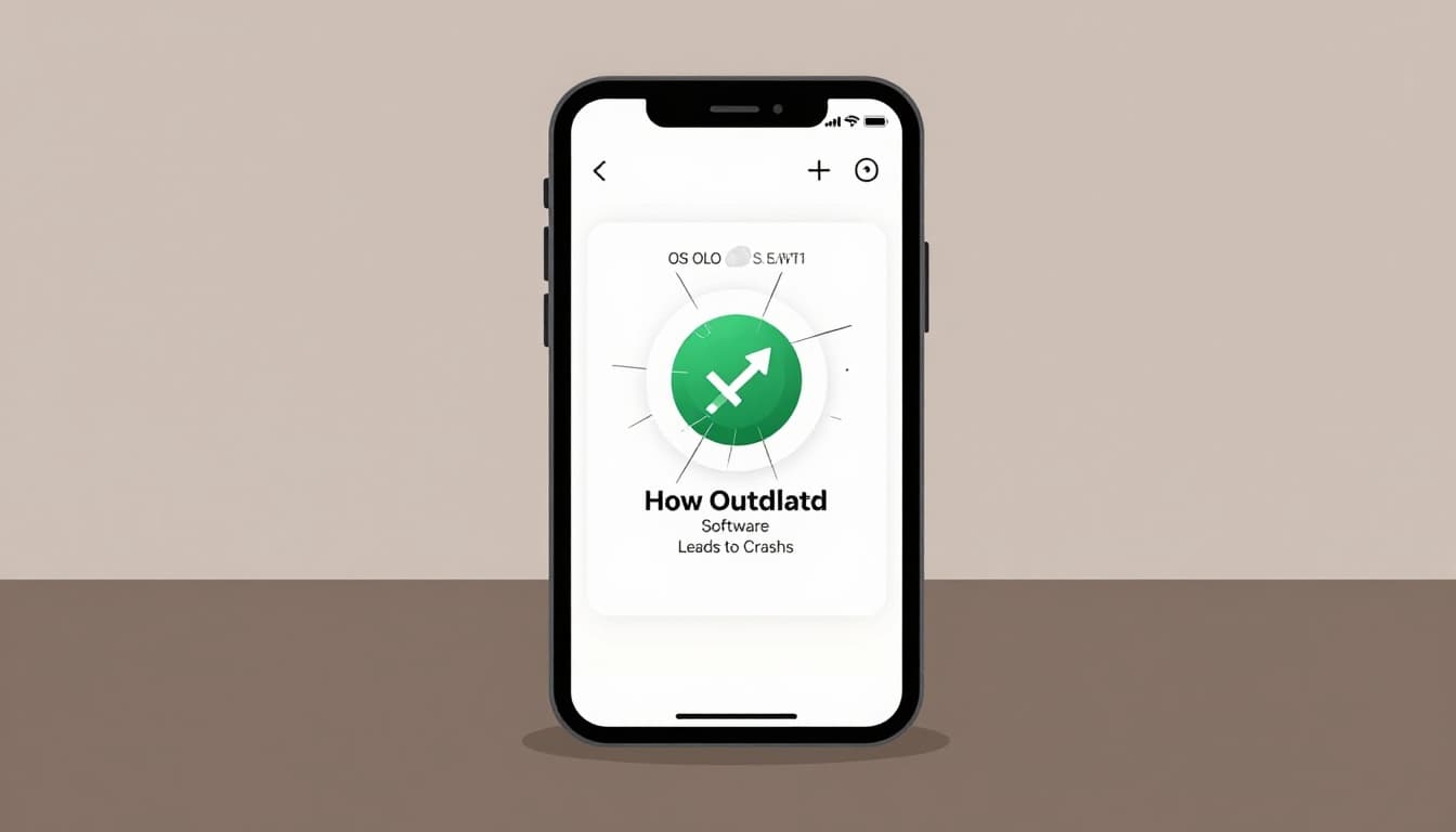 Modern illustration of a smartphone on a table with a cracked screen effect, outdated app icon, pending update notification badge, old OS version with update arrow, and subtle crash animation lines.