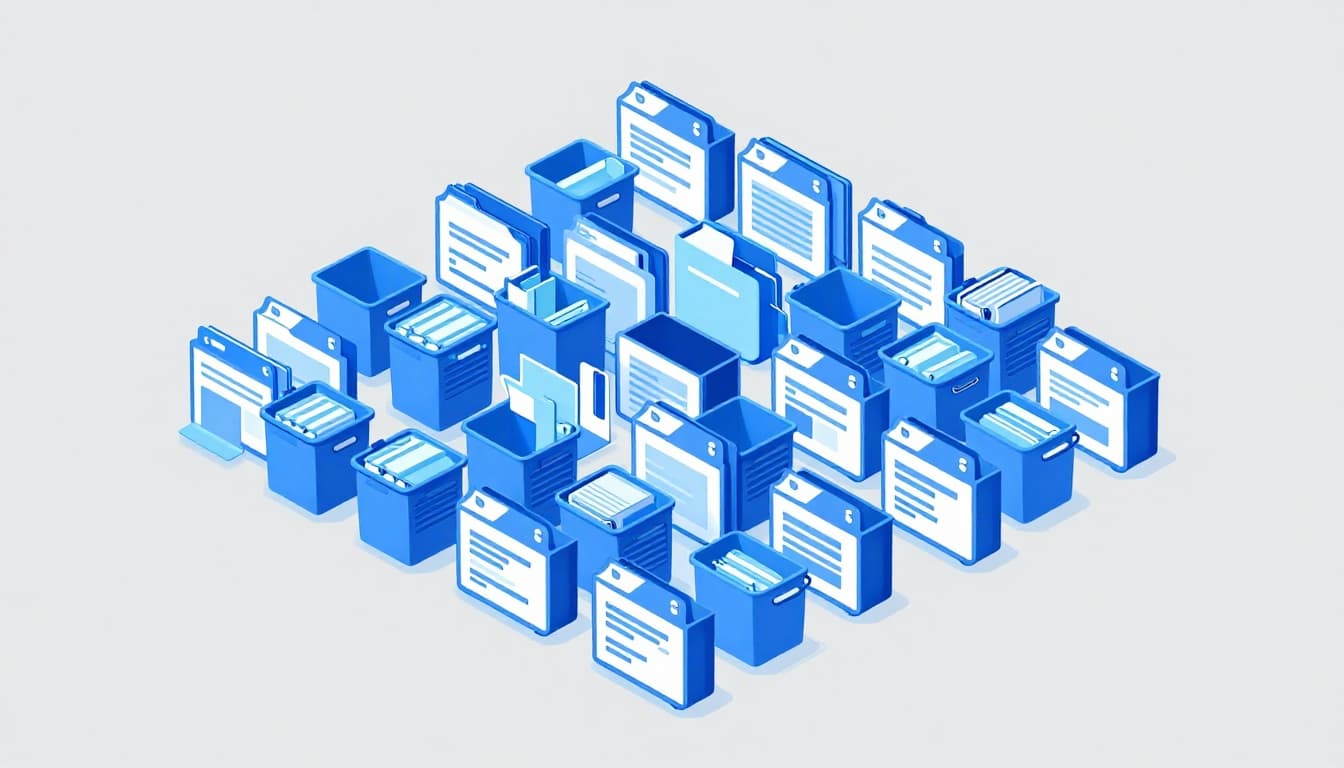 Modern isometric illustration in blues and grays showing overflowing digital storage bins with corrupted files spilling out, contrasted with fresh empty bins after clearing cache.