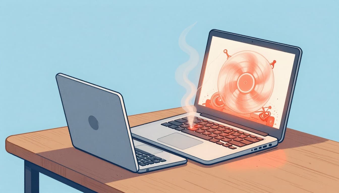 Modern illustration of a laptop overheating on a wooden desk, steam rising from vents, fans spinning fast with visible dust inside, side angle with dramatic red-orange lighting.
