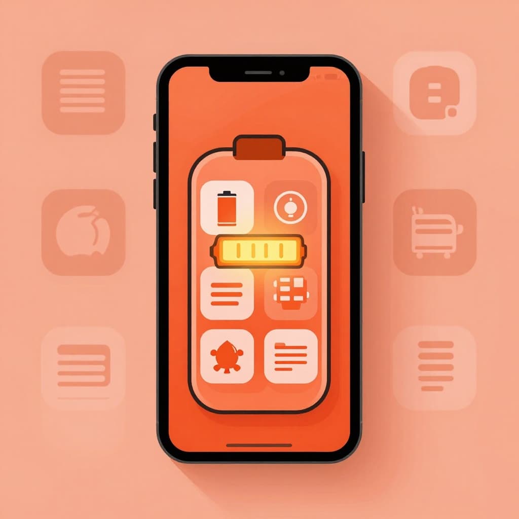 Modern illustration of a mobile phone overheating with subtle low battery icons and glow, placed on a table surrounded by fading app icons in the background representing draining apps. Clean shapes in controlled red-orange warm warning tones, dim light, medium line weight, strong square composition.