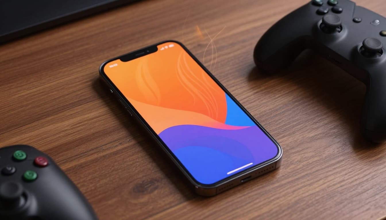 Modern illustration of a smartphone overheating with subtle heat waves rising from the back, placed on a wooden table next to a game controller, featuring clean shapes and a warm orange-cool blue color palette.