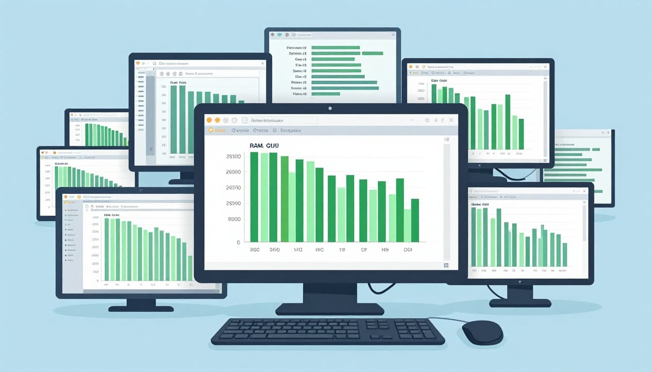 Modern illustration of an overloaded computer with full RAM and CPU bars overflowing, multiple lagging app windows on screen, and cluttered desk with too many programs.