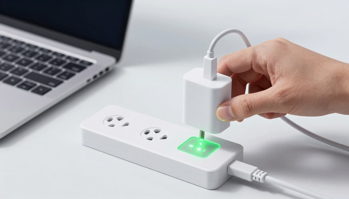 A person firmly plugs a laptop charger into the laptop and wall outlet while inspecting the glowing green LED light on the charger brick, on a clean modern desk with simple tools nearby.