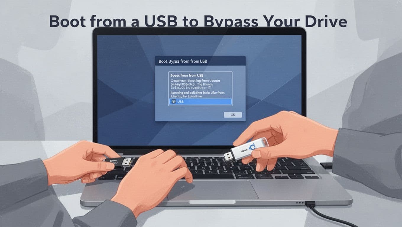 Illustration of a person inserting a USB drive into a laptop's side port, with the screen showing the USB boot menu, in a modern style with blue-gray colors and clean composition.